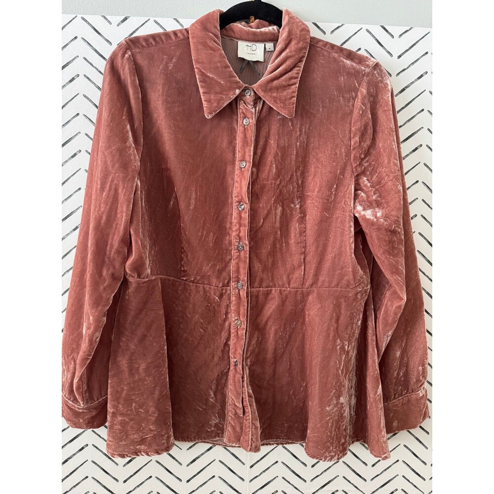 Anthropologie HD in Paris Pink Velvet Peplum Long Sleeve Button Shirt‎ Sz M